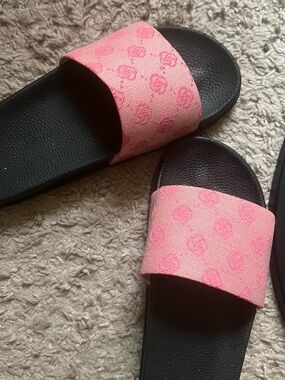 Pink Logo Slide Sandals on Black Footbed